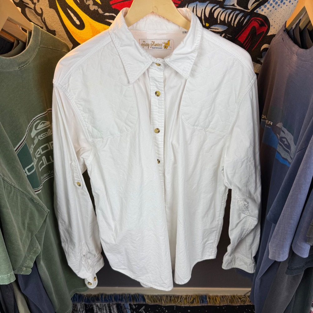 Foxy Huntress White Quilted Shoulder Hunting Shirt Womens Large Long Sleeve